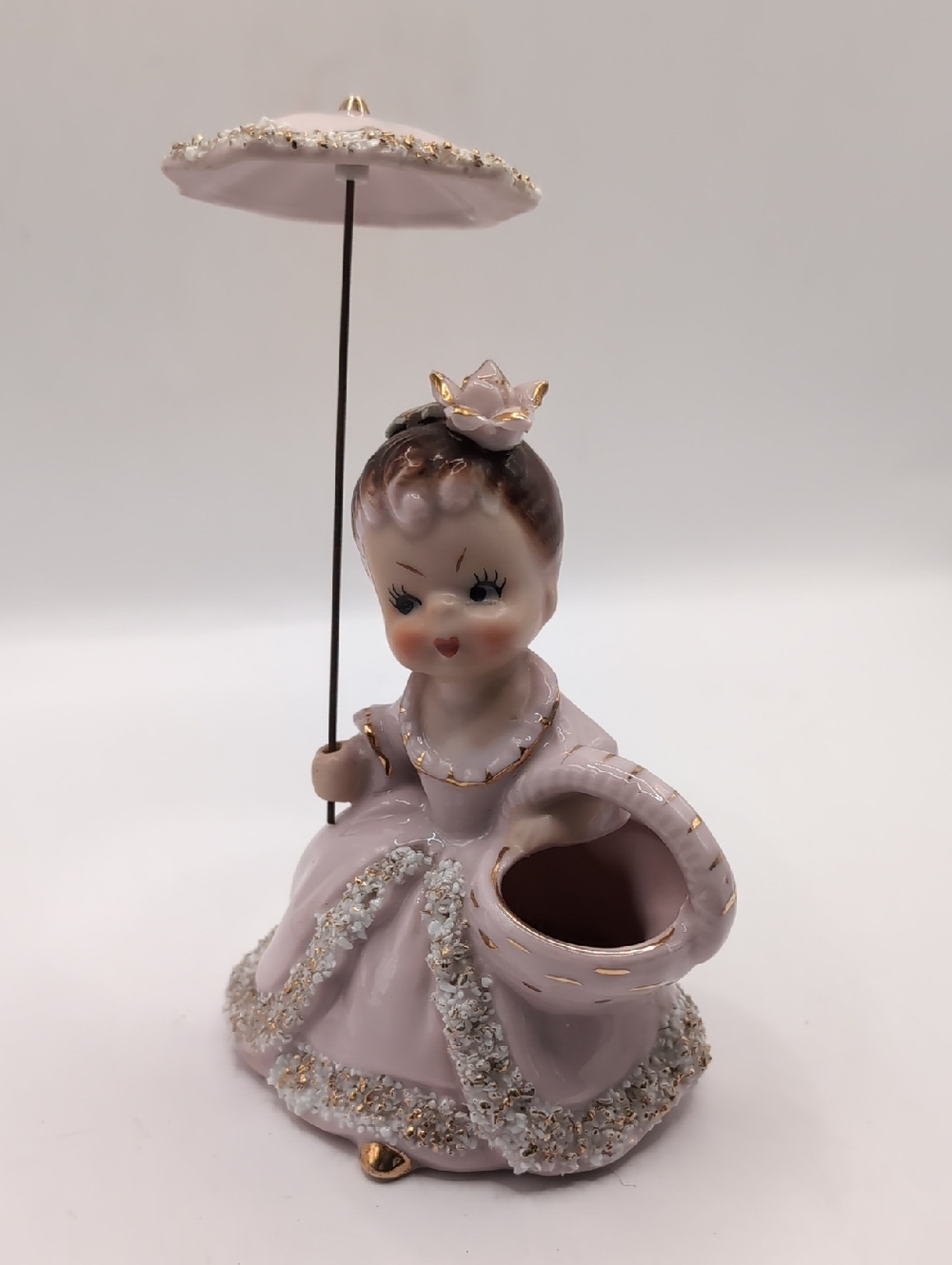 Vintage UCAGCO Japan MCM Ceramic Girl With Parasol / Umbrella & Basket Figurine